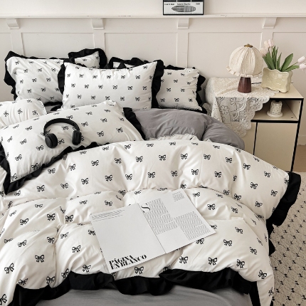 91家纺网 家纺一手货源 找家纺 （总）鑫利来家纺 2025新款法式花边赫本风水洗棉四件套韩版小清新四件套四件套