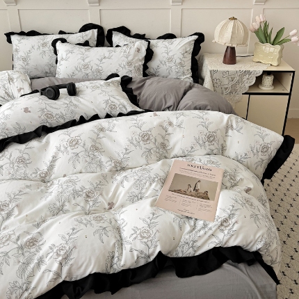 91家纺网 家纺一手货源 找家纺 鑫利来家纺 2025新款法式花边赫本风水洗棉四件套韩版小清新四件套四件套 赫本风-线条花