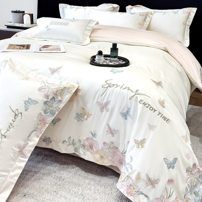 91家纺网 家纺一手货源 找家纺 春夏新品50*50S贡缎长绒棉刺绣四件套纯棉床单床笠高档礼盒装 白拼粉-蝶屿梦境-贡缎长绒棉