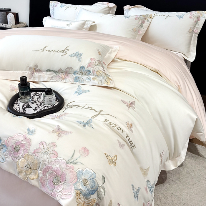 91家纺网 家纺一手货源 找家纺 春夏新品50*50S贡缎长绒棉刺绣四件套纯棉床单床笠高档礼盒装 白拼粉-蝶屿梦境-贡缎长绒棉