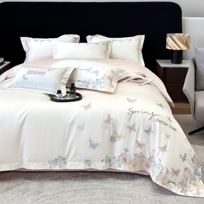 91家纺网 家纺一手货源 找家纺 春夏新品50*50S贡缎长绒棉刺绣四件套纯棉床单床笠高档礼盒装 白拼粉-蝶屿梦境-贡缎长绒棉