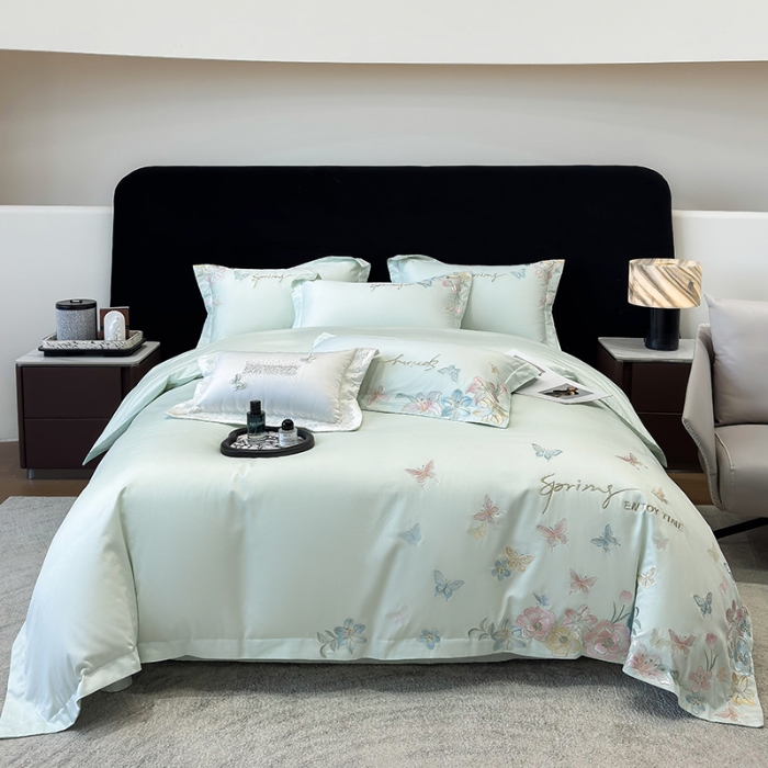 91家纺网 家纺一手货源 找家纺 春夏新品50*50S贡缎长绒棉刺绣四件套纯棉床单床笠高档礼盒装 清新绿-蝶屿梦境-贡缎长绒棉