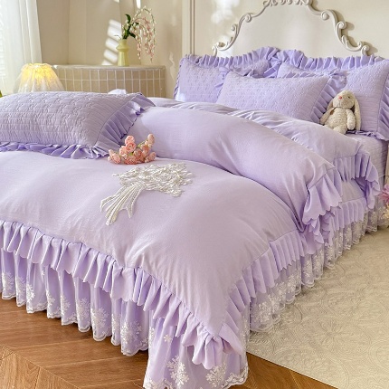 苏米娜家纺2025春夏新品韩版甜美公主风超柔水洗棉床盖四件套刺绣针织棉双层纱纯棉棉麻全棉少女心夹棉床裙款夏被款床盖 花夕-梦幻紫