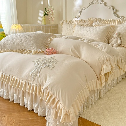 苏米娜家纺2025春夏新品韩版甜美公主风超柔水洗棉床盖四件套刺绣针织棉双层纱纯棉棉麻全棉少女心夹棉床裙款夏被款床盖  花夕-奶油白