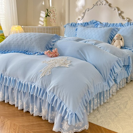 苏米娜家纺2025春夏新品韩版甜美公主风超柔水洗棉床盖四件套刺绣针织棉双层纱纯棉棉麻全棉少女心夹棉床裙款夏被款床盖 花夕-婴儿蓝