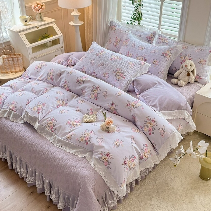 91家纺网 家纺一手货源 找家纺 （总）2025春夏新款复古印花小碎花针织棉双层纱夹棉床盖四件套