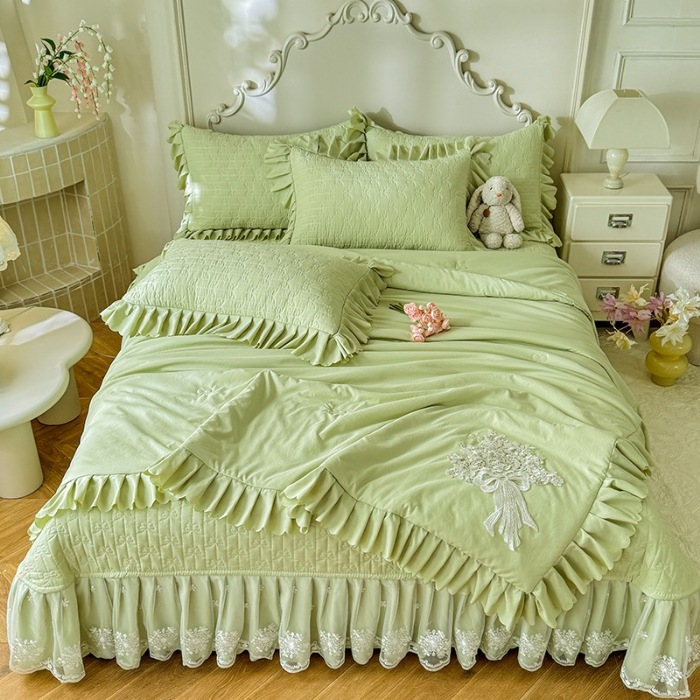 91家纺网 家纺一手货源 找家纺 苏米娜家纺 2025新款凉席席子凉席夏被夏凉被空调被四件套 花夕-新芽绿