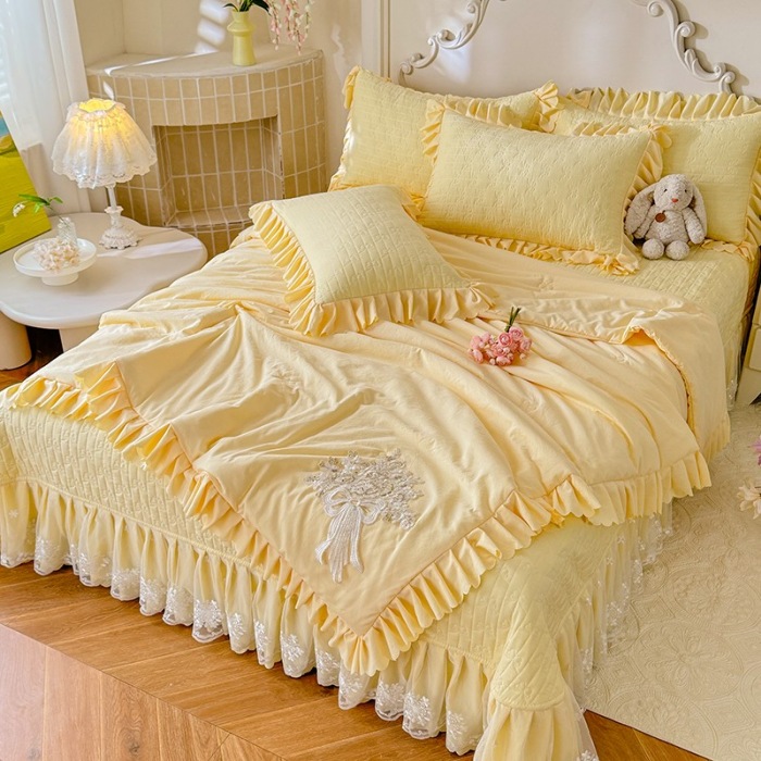 91家纺网 家纺一手货源 找家纺 苏米娜家纺 2025新款凉席席子凉席夏被夏凉被空调被四件套 花夕-嫩黄