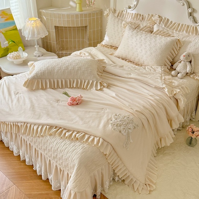 91家纺网 家纺一手货源 找家纺 苏米娜家纺 2025新款凉席席子凉席夏被夏凉被空调被四件套 花夕-奶昔白