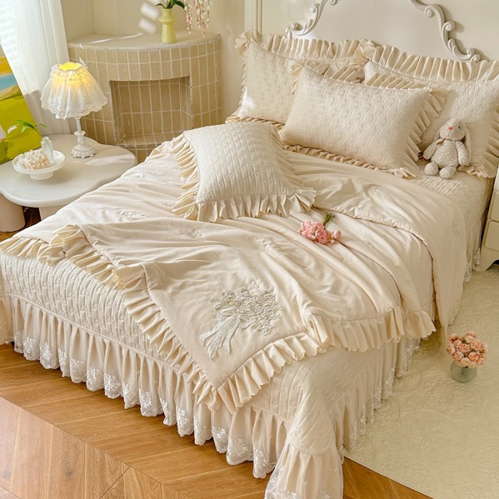 91家纺网 家纺一手货源 找家纺 苏米娜家纺 2025新款凉席席子凉席夏被夏凉被空调被四件套 花夕-奶昔白