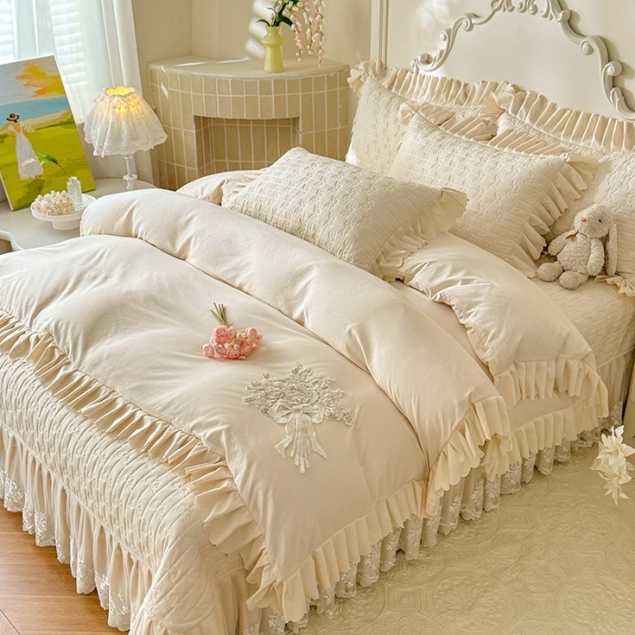 91家纺网 家纺一手货源 找家纺 苏米娜2025新款凉席席子凉席夏被夏凉被空调被四件套  花夕-奶油白 