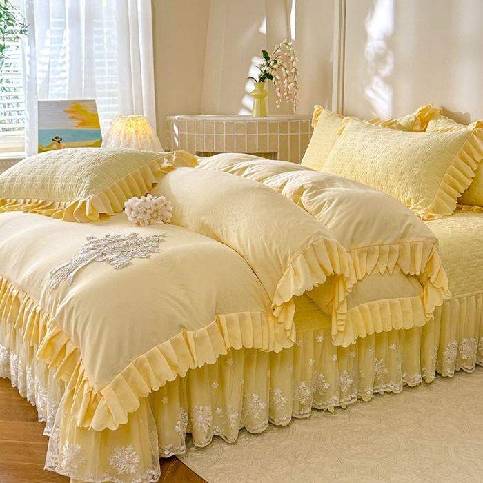 91家纺网 家纺一手货源 找家纺 苏米娜2025新款凉席席子凉席夏被夏凉被空调被四件套 花夕-柠檬黄 