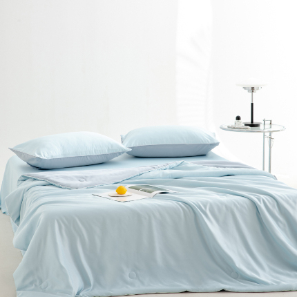 91家纺网 家纺一手货源 找家纺 仁凯家纺 2025新款A类莱赛尔天丝纤维夏凉被双拼色（20%莱赛尔天丝纤维填充，包过检）【提供买家秀】 天蓝+海青