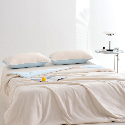 91家纺网 家纺一手货源 找家纺 仁凯家纺 2025新款A类莱赛尔天丝纤维夏凉被双拼色（20%莱赛尔天丝纤维填充，包过检）【提供买家秀】 奶昔白+天蓝