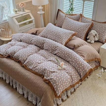 91家纺网 家纺一手货源 找家纺 （总）2025春夏新款复古印花小碎花针织棉双层纱夹棉床盖四件套