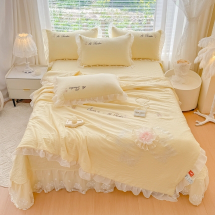 91家纺网 家纺一手货源 找家纺 （总）2025春夏新品韩版公主风超柔水洗棉床盖四件套刺绣针织棉双层纱纯棉棉麻全棉公主风夏被床盖款四件套