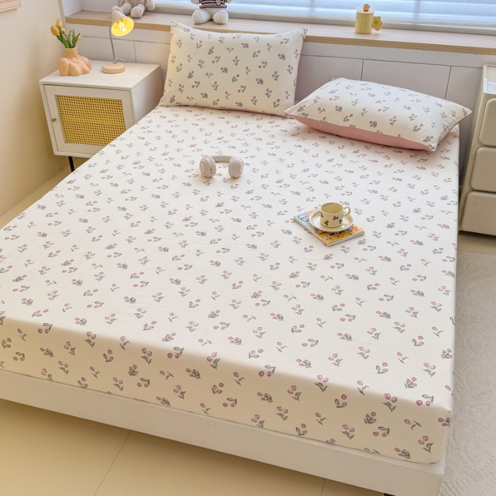 91家纺网 家纺一手货源 找家纺 （总）2025新款针织棉双层纱印花单床笠 床笠三件套