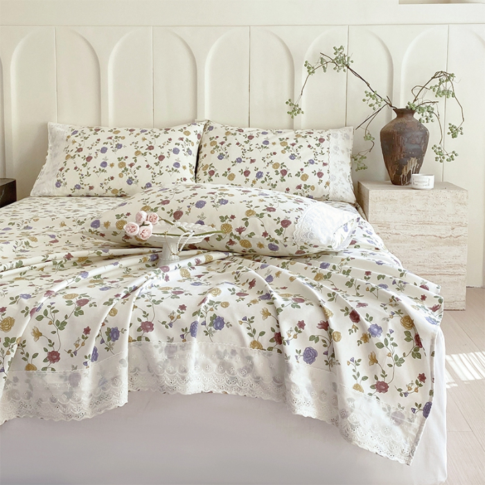 91家纺网 家纺一手货源 找家纺 春皖家纺 2025春夏新款老粗布花边款凉席席子单床单 床单单件 花边-田园梦