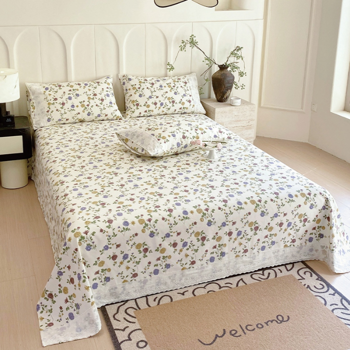 91家纺网 家纺一手货源 找家纺 春皖家纺 2025春夏新款老粗布花边款凉席席子单床单 床单单件 花边-田园梦