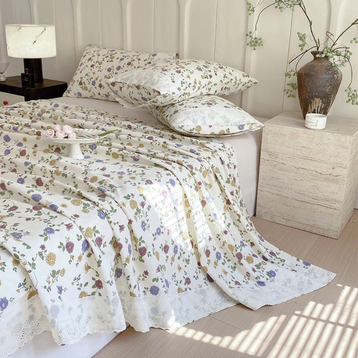 91家纺网 家纺一手货源 找家纺 春皖家纺 2025春夏新款老粗布花边款凉席席子单床单 床单单件 花边-田园梦