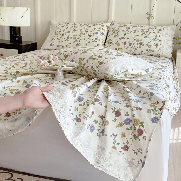 91家纺网 家纺一手货源 找家纺 春皖家纺 2025春夏新款老粗布花边款凉席席子单床单 床单单件 花边-田园梦