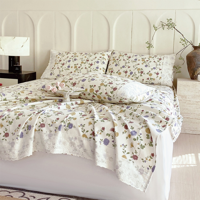 91家纺网 家纺一手货源 找家纺 春皖家纺 2025春夏新款老粗布花边款凉席席子单床单 床单单件 花边-田园梦