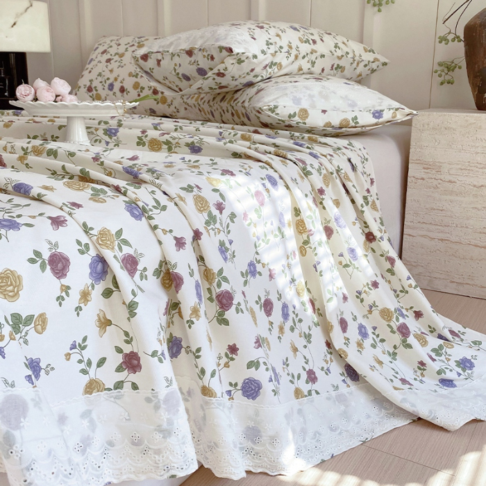 91家纺网 家纺一手货源 找家纺 春皖家纺 2025春夏新款老粗布花边款凉席席子单床单 床单单件 花边-田园梦