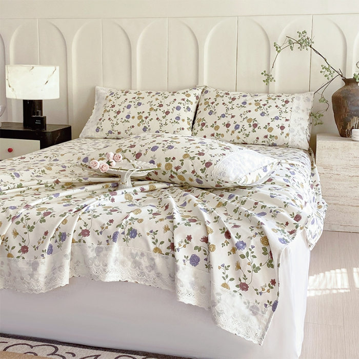 91家纺网 家纺一手货源 找家纺 春皖家纺 2025春夏新款老粗布花边款凉席席子单床单 床单单件 花边-田园梦