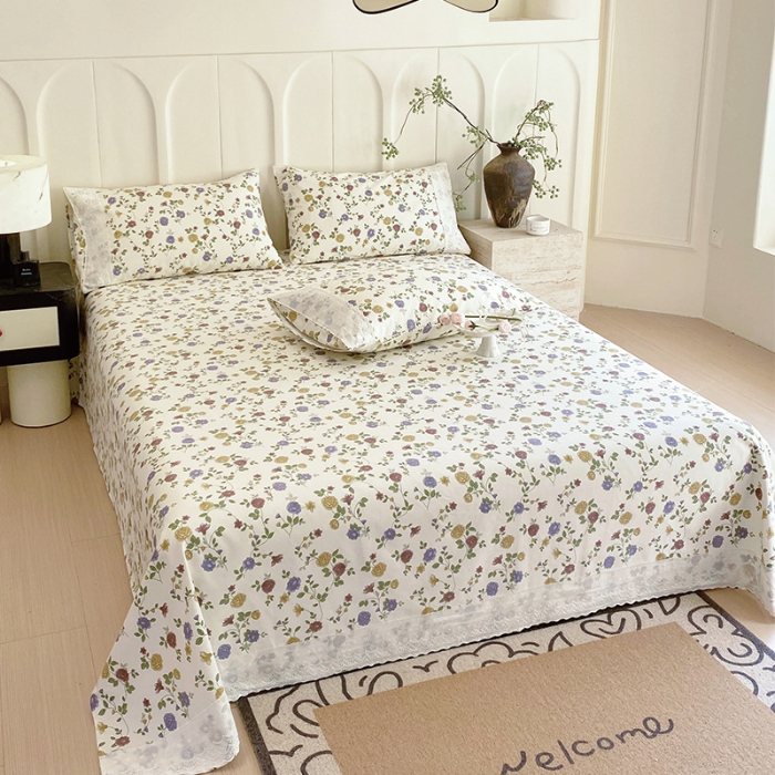 91家纺网 家纺一手货源 找家纺 春皖家纺 2025春夏新款老粗布花边款凉席席子单床单 床单单件 花边-田园梦