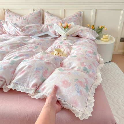 91家纺网 家纺一手货源 找家纺 （总）【苏东来】2025韩版蕾丝花边纯棉全棉双层纱四件套全棉纯棉小碎花印花四件套法式赫本公主风韩系皱皱纱花边四件套针织棉四件套件