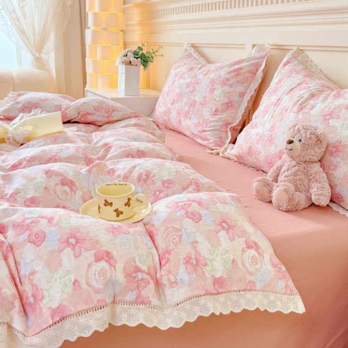 91家纺网 家纺一手货源 找家纺 （总）【苏东来】2025韩版蕾丝花边纯棉全棉双层纱四件套全棉纯棉小碎花印花四件套法式赫本公主风韩系皱皱纱花边四件套针织棉四件套件