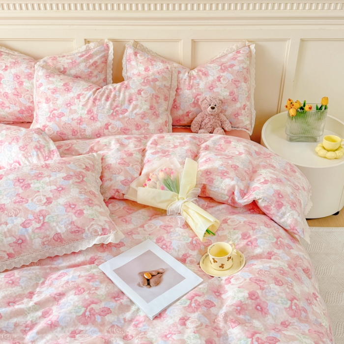 91家纺网 家纺一手货源 找家纺 （总）【苏东来】2025韩版蕾丝花边纯棉全棉双层纱四件套全棉纯棉小碎花印花四件套法式赫本公主风韩系皱皱纱花边四件套针织棉四件套件