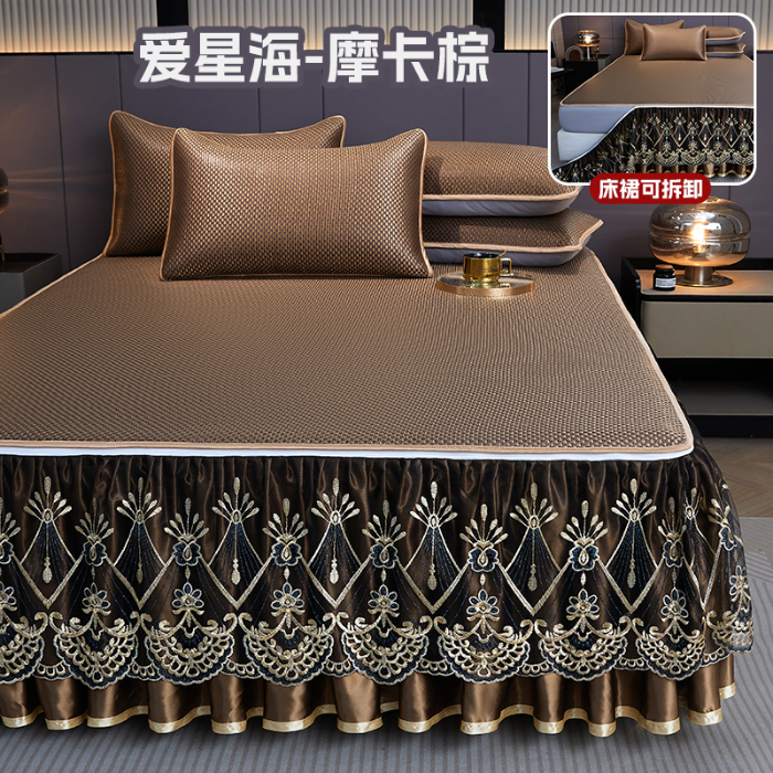 91家纺网 家纺一手货源 找家纺 罗艺轩 2025新款可拆卸床笠式床裙凉感冰丝藤席三件套-爱星海 爱星海-摩卡棕