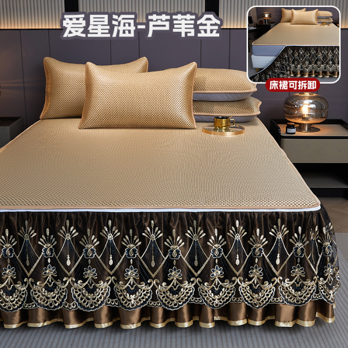 91家纺网 家纺一手货源 找家纺 罗艺轩 2025新款可拆卸床笠式床裙凉感冰丝藤席三件套-爱星海 爱星海-芦苇金