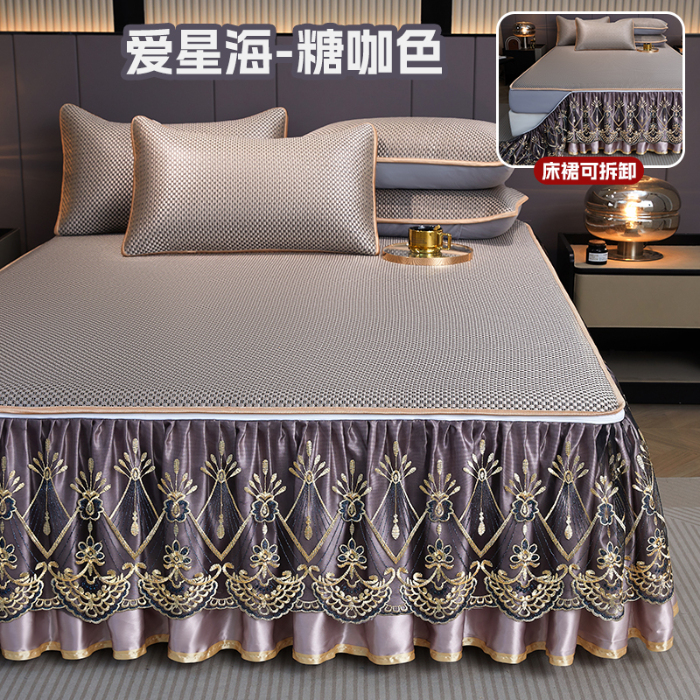 91家纺网 家纺一手货源 找家纺 罗艺轩 2025新款可拆卸床笠式床裙凉感冰丝藤席三件套-爱星海 爱星海-糖咖色