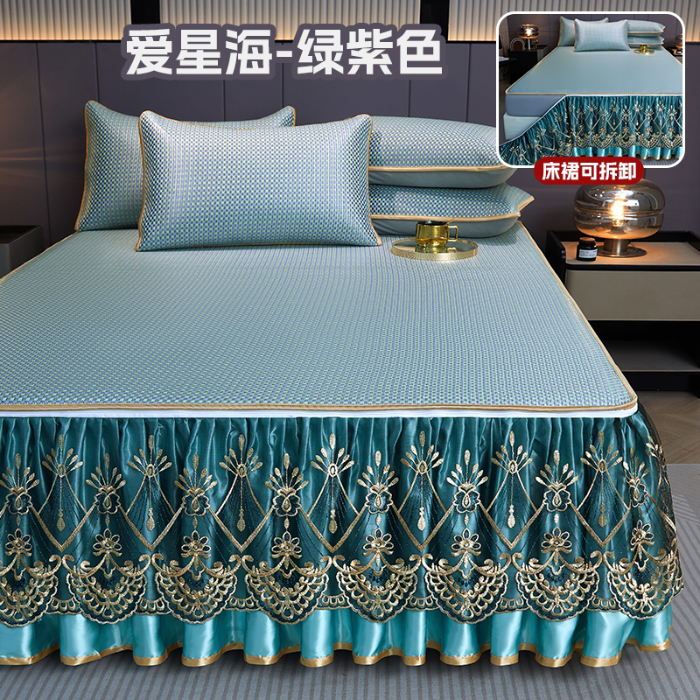91家纺网 家纺一手货源 找家纺 罗艺轩 2025新款可拆卸床笠式床裙凉感冰丝藤席三件套-爱星海 爱星海-绿紫色