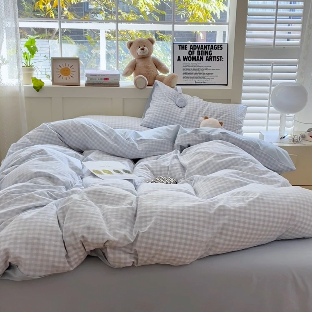 91家纺网 家纺一手货源 找家纺 （总）沐芷 2024小格子小清新条纹床单四件套三件套被套---