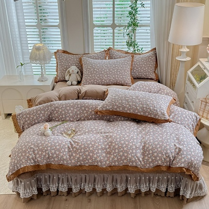 91家纺网 家纺一手货源 找家纺 （总）2025春夏新款复古印花小碎花针织棉双层纱夹棉床盖四件套