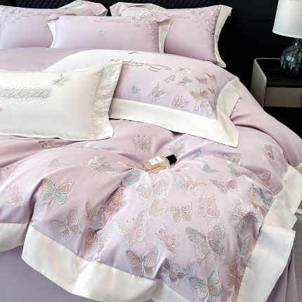 91家纺网 家纺一手货源 找家纺 春夏新品50*50S贡缎长绒棉刺绣四件套纯棉床单床笠高档礼盒装 蒂芙尼蓝-蝶影纷飞-贡缎长绒棉