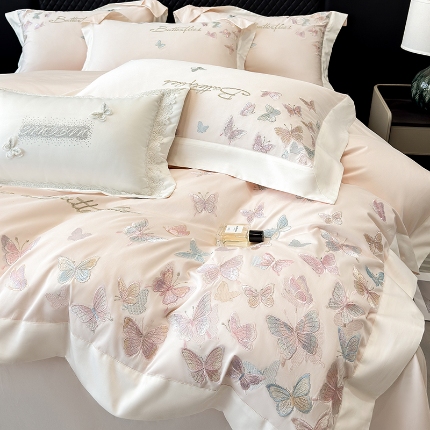 91家纺网 家纺一手货源 找家纺 春夏新品50*50S贡缎长绒棉刺绣四件套纯棉床单床笠高档礼盒装 蒂芙尼蓝-蝶影纷飞-贡缎长绒棉