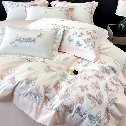 91家纺网 家纺一手货源 找家纺 春夏新品50*50S贡缎长绒棉刺绣四件套纯棉床单床笠高档礼盒装 蒂芙尼蓝-蝶影纷飞-贡缎长绒棉