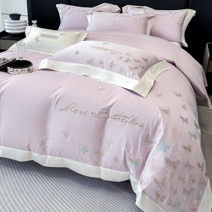 91家纺网 家纺一手货源 找家纺 春夏新品50*50S贡缎长绒棉刺绣四件套纯棉床单床笠高档礼盒装 梦境紫-蝶影纷飞-贡缎长绒棉