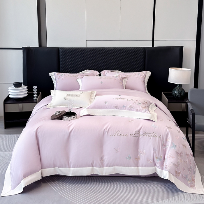 91家纺网 家纺一手货源 找家纺 春夏新品50*50S贡缎长绒棉刺绣四件套纯棉床单床笠高档礼盒装 梦境紫-蝶影纷飞-贡缎长绒棉