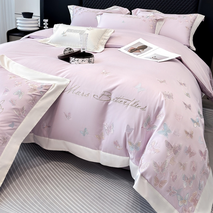 91家纺网 家纺一手货源 找家纺 春夏新品50*50S贡缎长绒棉刺绣四件套纯棉床单床笠高档礼盒装 梦境紫-蝶影纷飞-贡缎长绒棉