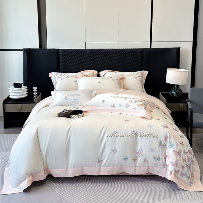 91家纺网 家纺一手货源 找家纺 春夏新品50*50S贡缎长绒棉刺绣四件套纯棉床单床笠高档礼盒装 白拼粉-蝶影纷飞-贡缎长绒棉