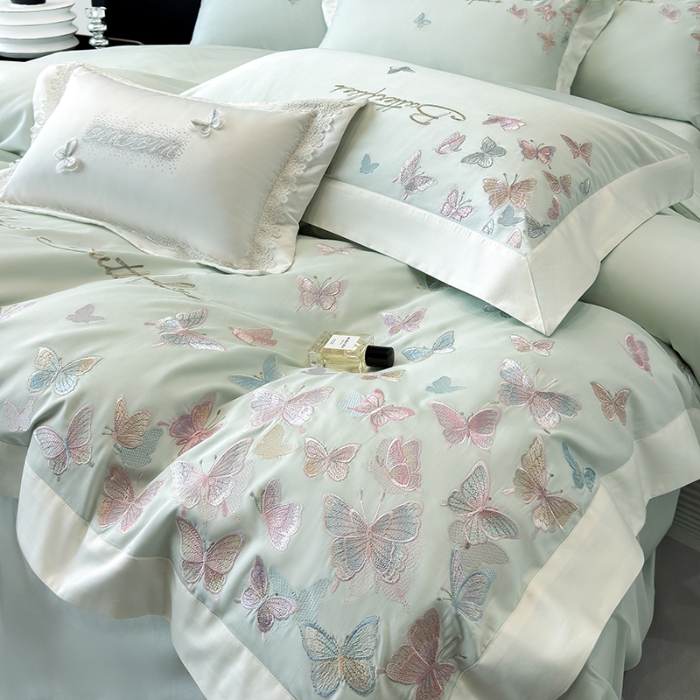 91家纺网 家纺一手货源 找家纺 春夏新品50*50S贡缎长绒棉刺绣四件套纯棉床单床笠高档礼盒装 清新绿-蝶影纷飞-贡缎长绒棉