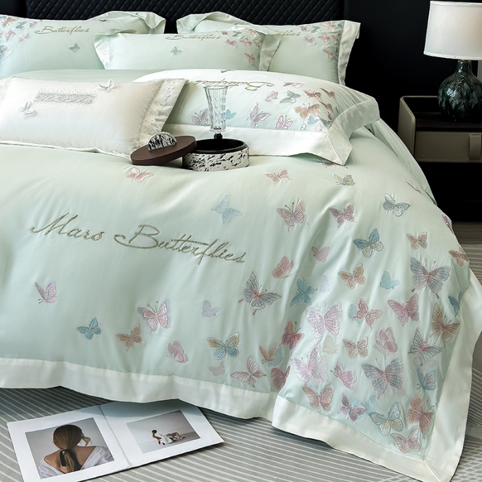 91家纺网 家纺一手货源 找家纺 春夏新品50*50S贡缎长绒棉刺绣四件套纯棉床单床笠高档礼盒装 清新绿-蝶影纷飞-贡缎长绒棉