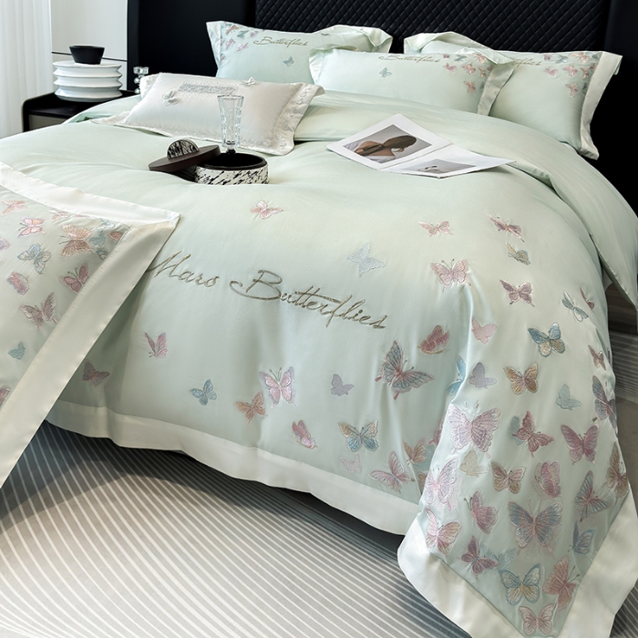 91家纺网 家纺一手货源 找家纺 春夏新品50*50S贡缎长绒棉刺绣四件套纯棉床单床笠高档礼盒装 清新绿-蝶影纷飞-贡缎长绒棉