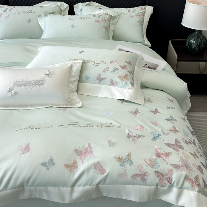 91家纺网 家纺一手货源 找家纺 春夏新品50*50S贡缎长绒棉刺绣四件套纯棉床单床笠高档礼盒装 清新绿-蝶影纷飞-贡缎长绒棉