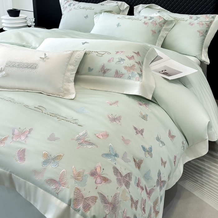 91家纺网 家纺一手货源 找家纺 春夏新品50*50S贡缎长绒棉刺绣四件套纯棉床单床笠高档礼盒装 清新绿-蝶影纷飞-贡缎长绒棉